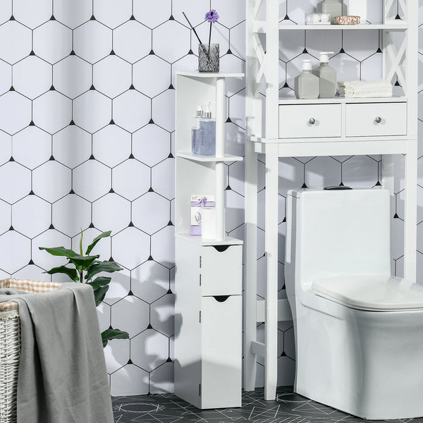 English Elm kleankin Slim Bathroom Storage Cabinet - Tall Freestanding Linen Tower with 2 Open Shelves & 2 Doors, White W2225P173966