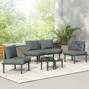 English Elm TOPMAX 6-Piece Modular Patio Sofa Set with 2 High-Low Coffee Tables, PE Wicker, Tempered Glass, Cushioned Comfort and Versatile Outdoor Configuration Gray SP100028AAE