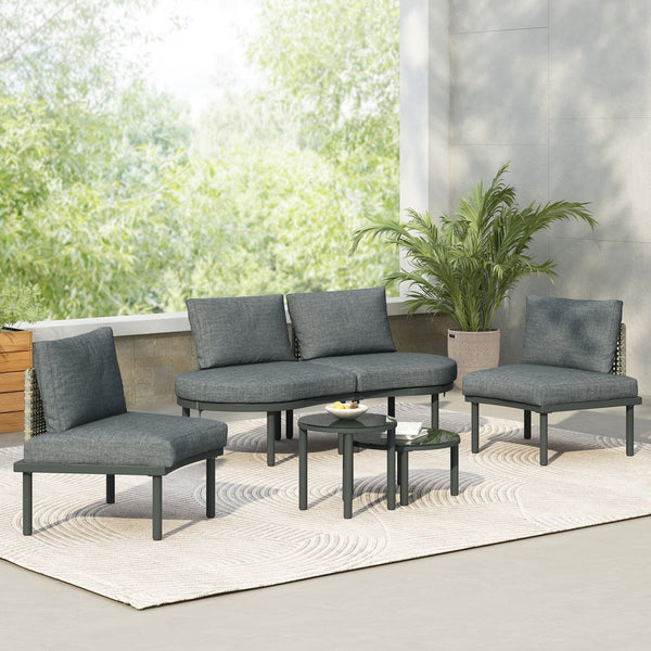 English Elm TOPMAX 6-Piece Modular Patio Sofa Set with 2 High-Low Coffee Tables, PE Wicker, Tempered Glass, Cushioned Comfort and Versatile Outdoor Configuration Gray SP100028AAE