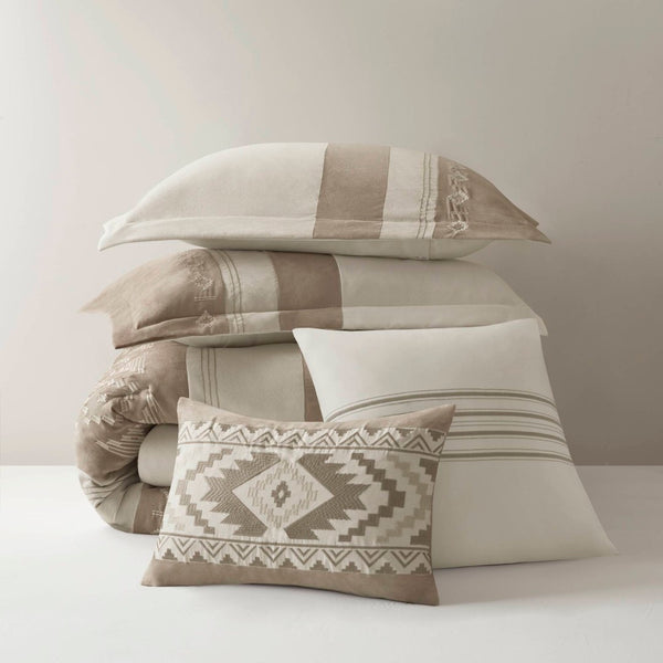 English Elm 5-piece Micro Suede Comforter Set with Geometric Embroidery for Full Queen Beds B035P408734