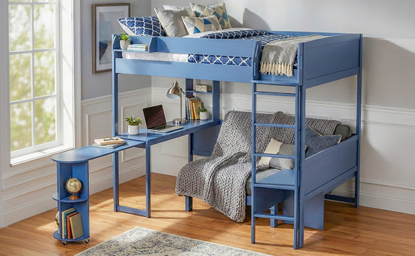 English Elm Full Size Loft Bed with Rotating Desk Led Lighting Sofa and Bookshelf Storage Navy Blue LT000200AAC