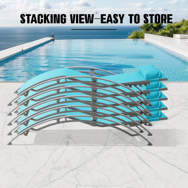 English Elm Pool Lounge Chairs Set of 2 Aluminum Frame Textilene Chaise with 5 Recline Positions & Neck Pillow Lake Blue W1859P321484