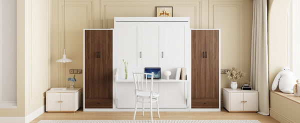 English Elm Full Size Murphy Wall Bed with Wardrobes Desk Drawers and Led Light in White LP000924AAK