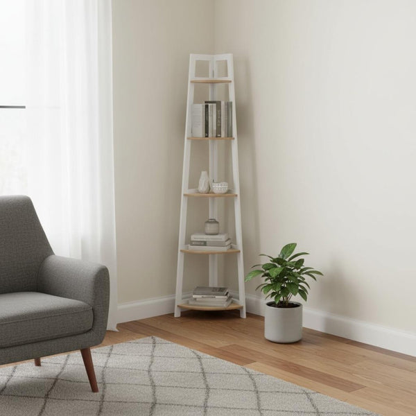 HomeRoots 67" White Wood Corner Bookcase - Elegant Five-Tier Display for Organized Storage and Stylish Decor 569061