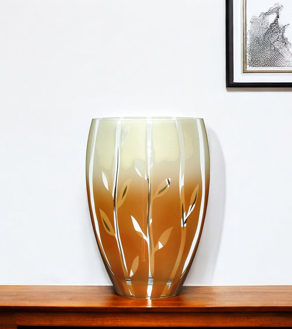 Homeroots 13" Brown Leaf Oval Lead-free Crystal Table Vase - Elegant Hand-painted Design For Chic Decor  Lead Free Crystal 569076