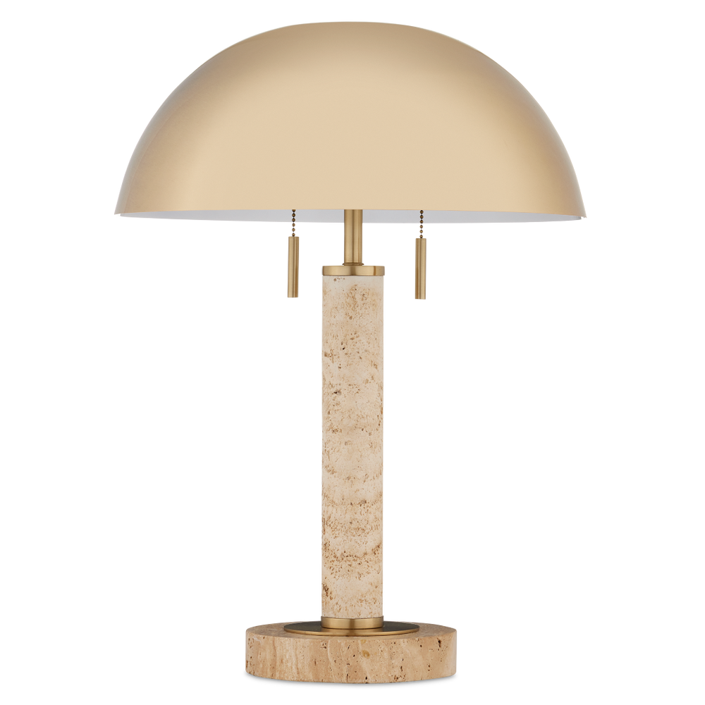 Miles Table Lamp - Mid-Century Modern Design with Brass Shade & Unique Travertine Base - 21.75" Tall