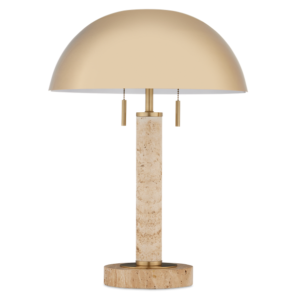 Miles Table Lamp - Mid-Century Modern Design with Brass Shade & Unique Travertine Base - 21.75" Tall