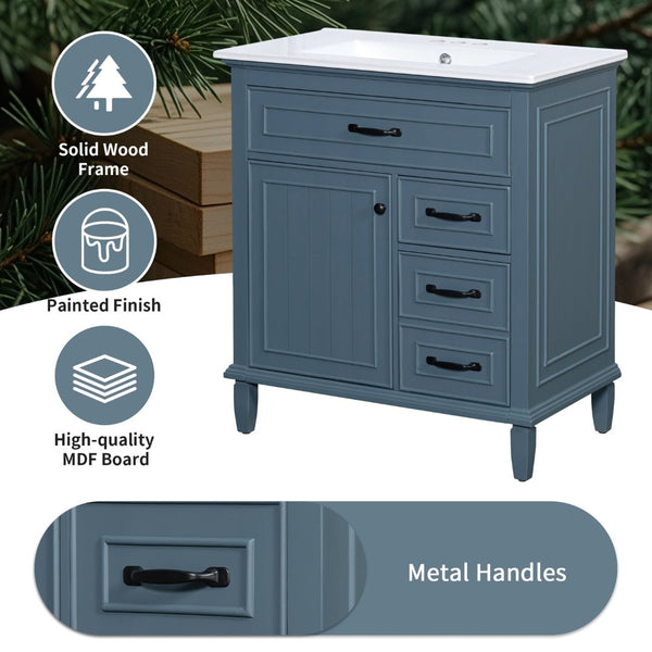 English Elm 30 Inch Freestanding Bathroom Vanity Solid Pine Cabinet Ceramic Sink Top Storage Blue Gray N725P412782C