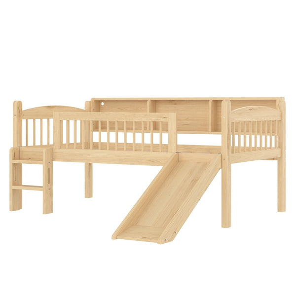 English Elm Twin Xl Solid Pine Loft Bed with Built-in Led Lighting and Storage Shelves Natural W1580S00366