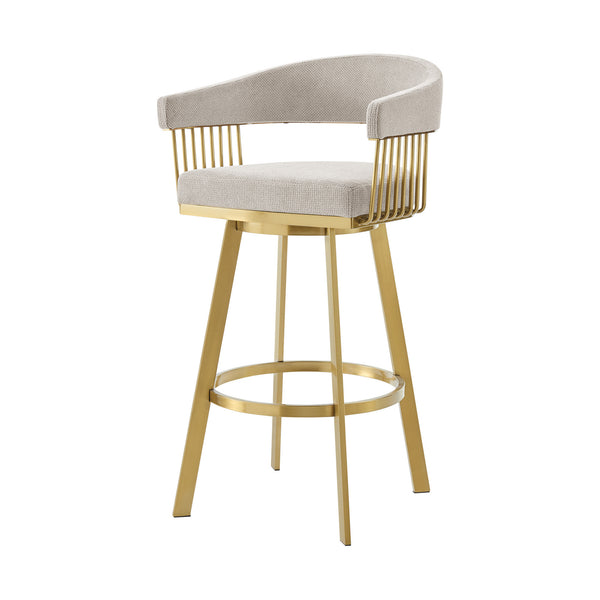 Homeroots 30" Taupe And Gold Fabric And Stainless Steel Low Back Bar Height Swivel Bar Chair   569147