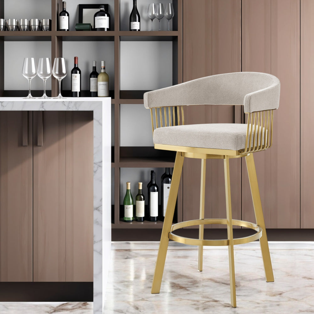 Homeroots 30" Taupe And Gold Fabric And Stainless Steel Low Back Bar Height Swivel Bar Chair   569147