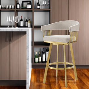 Homeroots 30" Taupe And Gold Fabric And Stainless Steel Low Back Bar Height Swivel Bar Chair   569147