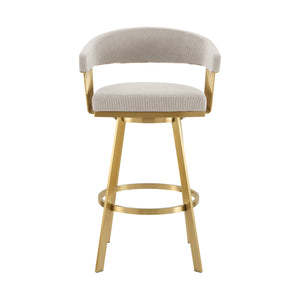 Homeroots 30" Taupe And Gold Fabric And Stainless Steel Low Back Bar Height Swivel Bar Chair   569147