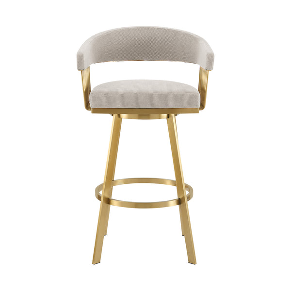 Homeroots 30" Taupe And Gold Fabric And Stainless Steel Low Back Bar Height Swivel Bar Chair   569147