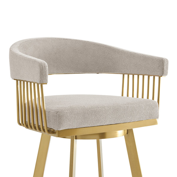 Homeroots 30" Taupe And Gold Fabric And Stainless Steel Low Back Bar Height Swivel Bar Chair   569147