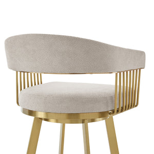 Homeroots 30" Taupe And Gold Fabric And Stainless Steel Low Back Bar Height Swivel Bar Chair   569147