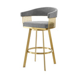 Homeroots 26" Gray And Gold Fabric And Stainless Steel Low Back Counter Height Swivel Bar Chair   569148