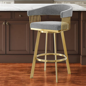 Homeroots 26" Gray And Gold Fabric And Stainless Steel Low Back Counter Height Swivel Bar Chair   569148