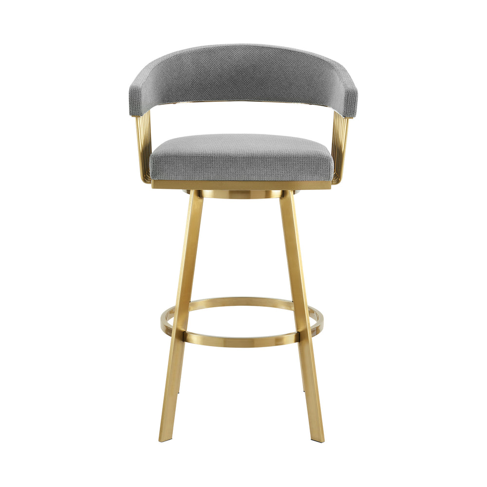 Homeroots 26" Gray And Gold Fabric And Stainless Steel Low Back Counter Height Swivel Bar Chair   569148