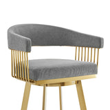 Homeroots 26" Gray And Gold Fabric And Stainless Steel Low Back Counter Height Swivel Bar Chair   569148