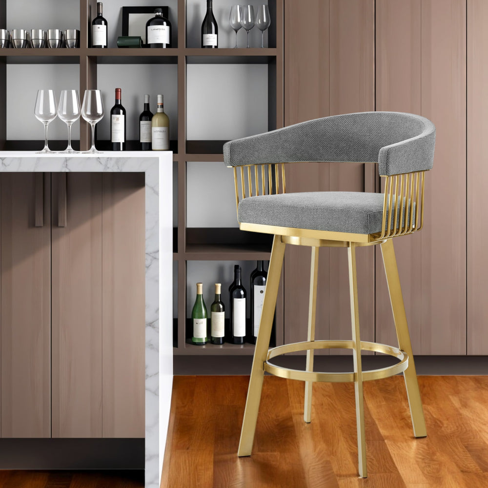 Homeroots 30" Gray And Gold Fabric And Stainless Steel Low Back Bar Height Swivel Bar Chair   569149