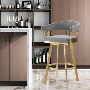 Homeroots 30" Gray And Gold Fabric And Stainless Steel Low Back Bar Height Swivel Bar Chair   569149