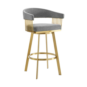 Homeroots 30" Gray And Gold Fabric And Stainless Steel Low Back Bar Height Swivel Bar Chair   569149