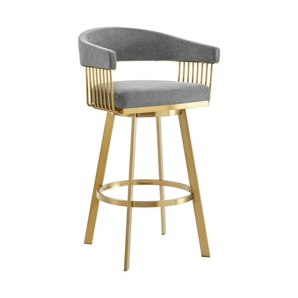 Homeroots 30" Gray And Gold Fabric And Stainless Steel Low Back Bar Height Swivel Bar Chair   569149