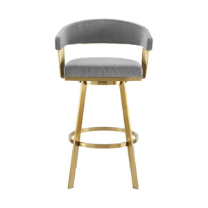 Homeroots 30" Gray And Gold Fabric And Stainless Steel Low Back Bar Height Swivel Bar Chair   569149