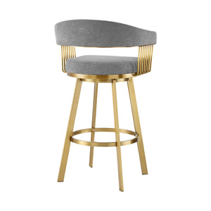 Homeroots 30" Gray And Gold Fabric And Stainless Steel Low Back Bar Height Swivel Bar Chair   569149