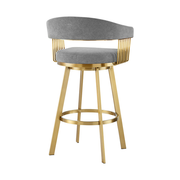 Homeroots 30" Gray And Gold Fabric And Stainless Steel Low Back Bar Height Swivel Bar Chair   569149