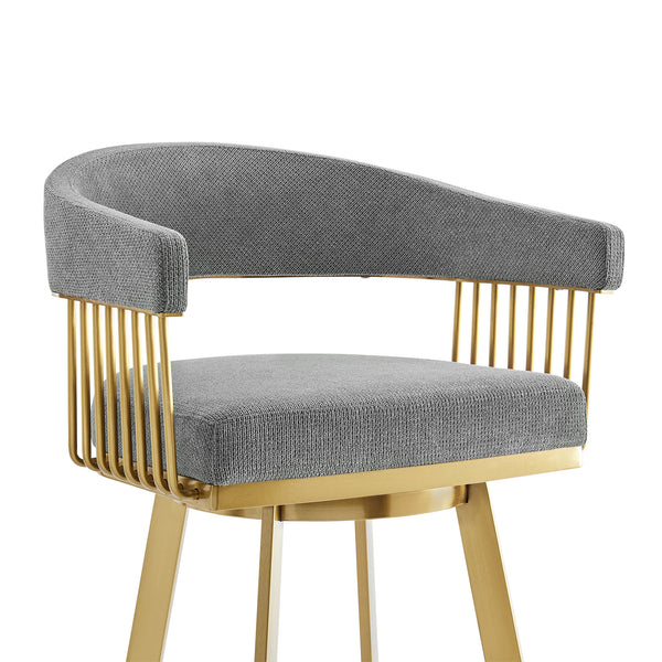 Homeroots 30" Gray And Gold Fabric And Stainless Steel Low Back Bar Height Swivel Bar Chair   569149