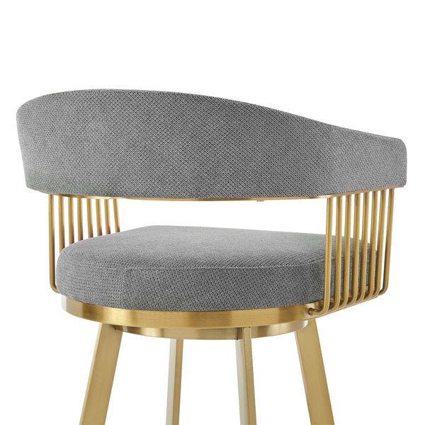 Homeroots 30" Gray And Gold Fabric And Stainless Steel Low Back Bar Height Swivel Bar Chair   569149