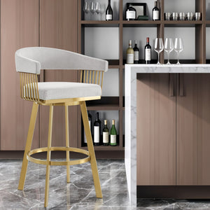 Homeroots 30" Silver And Gold Fabric And Stainless Steel Low Back Bar Height Swivel Bar Chair   569151