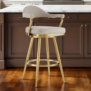 Homeroots 26" Taupe And Gold Fabric And Stainless Steel Counter Height Swivel Bar Chair   569152
