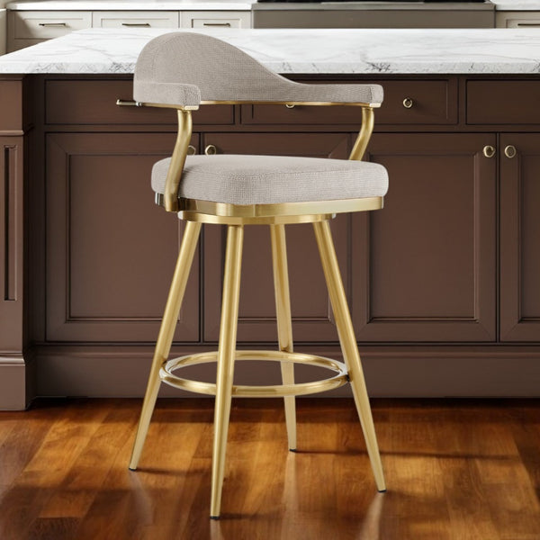 Homeroots 26" Taupe And Gold Fabric And Stainless Steel Counter Height Swivel Bar Chair   569152