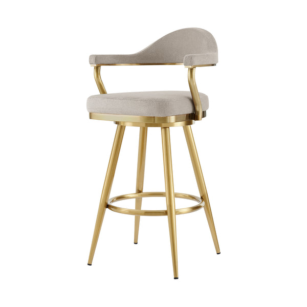 Homeroots 30" Taupe And Gold Fabric And Stainless Steel Bar Height Swivel Bar Chair   569153