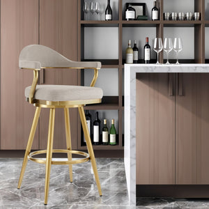 Homeroots 30" Taupe And Gold Fabric And Stainless Steel Bar Height Swivel Bar Chair   569153