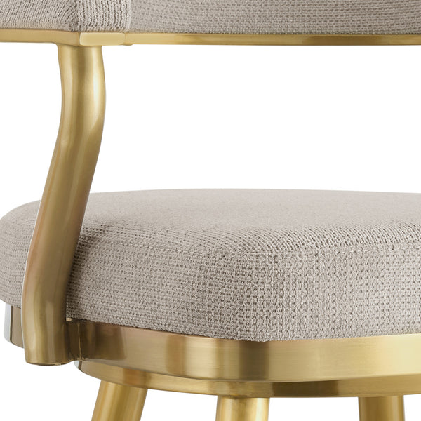 Homeroots 30" Taupe And Gold Fabric And Stainless Steel Bar Height Swivel Bar Chair   569153