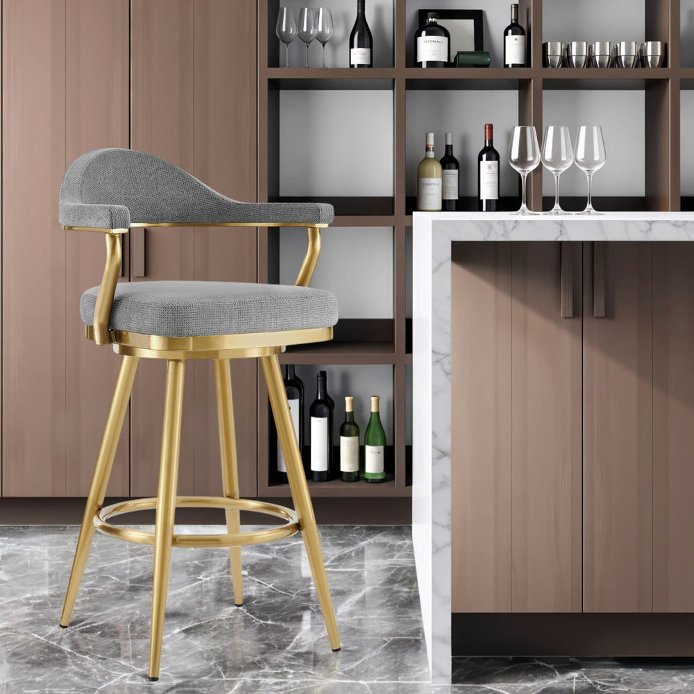 Homeroots 30" Gray And Gold Fabric And Stainless Steel Low Back Bar Height Swivel Bar Chair   569155