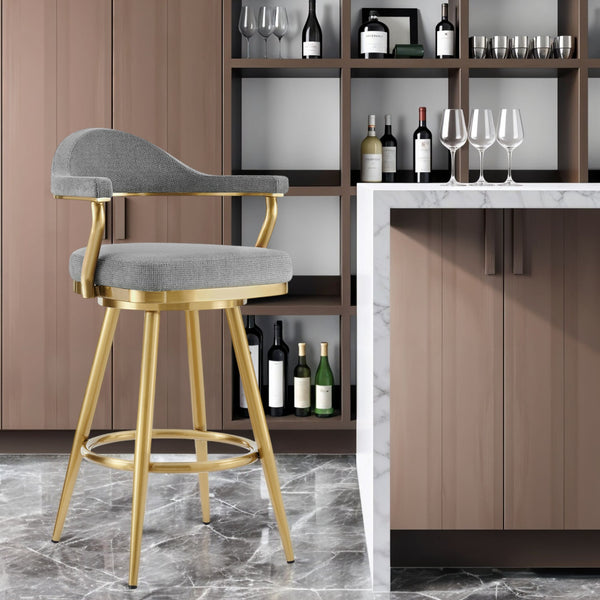 Homeroots 30" Gray And Gold Fabric And Stainless Steel Low Back Bar Height Swivel Bar Chair   569155