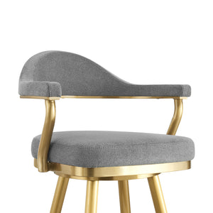Homeroots 30" Gray And Gold Fabric And Stainless Steel Low Back Bar Height Swivel Bar Chair   569155