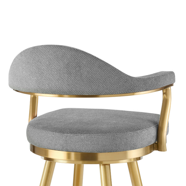 Homeroots 30" Gray And Gold Fabric And Stainless Steel Low Back Bar Height Swivel Bar Chair   569155