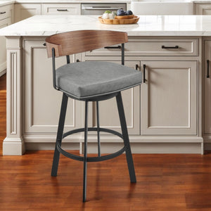 Homeroots 26" Gray Brown And Black Faux Leather And Iron Low Back Counter Height Swivel Bar Chair   569158