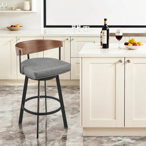 Homeroots 30" Gray Brown And Black Faux Leather And Iron Low Back Bar Height Swivel Bar Chair   569159
