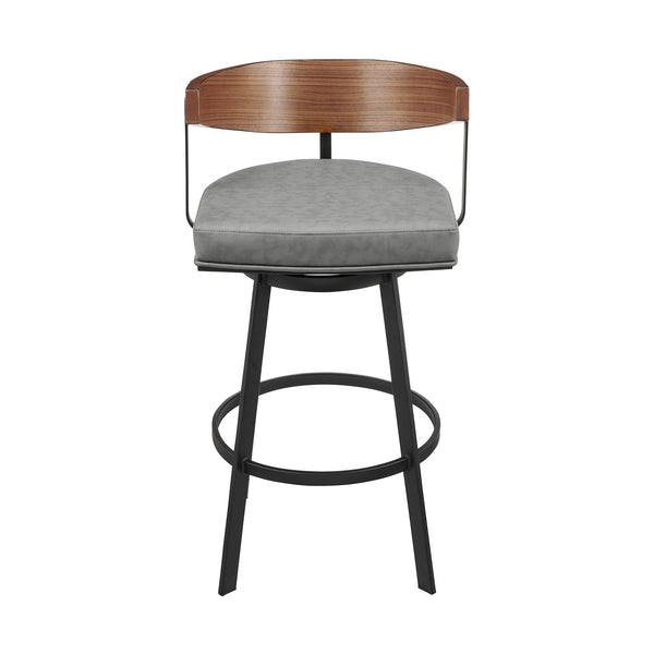 Homeroots 30" Gray Brown And Black Faux Leather And Iron Low Back Bar Height Swivel Bar Chair   569159