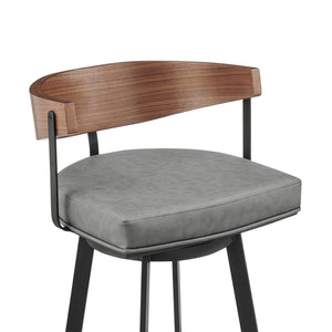 Homeroots 30" Gray Brown And Black Faux Leather And Iron Low Back Bar Height Swivel Bar Chair   569159