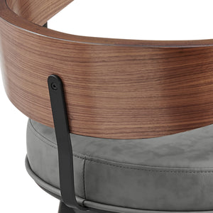 Homeroots 30" Gray Brown And Black Faux Leather And Iron Low Back Bar Height Swivel Bar Chair   569159