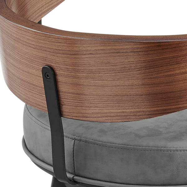 Homeroots 30" Gray Brown And Black Faux Leather And Iron Low Back Bar Height Swivel Bar Chair   569159