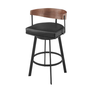 Homeroots 30" Black And Brown Faux Leather And Iron Low Back Bar Height Swivel Bar Chair   569161